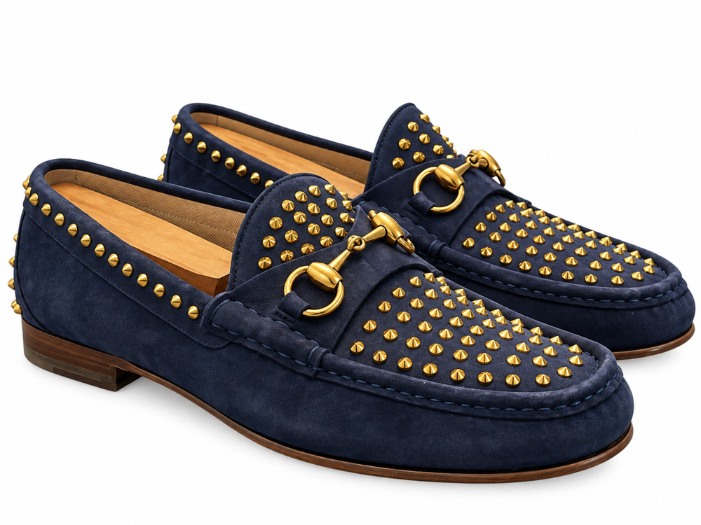 Gucci Mens Loafers Size 8 UK 9 US 1953 Horsebit Blue Suede Gold Studded Shoes